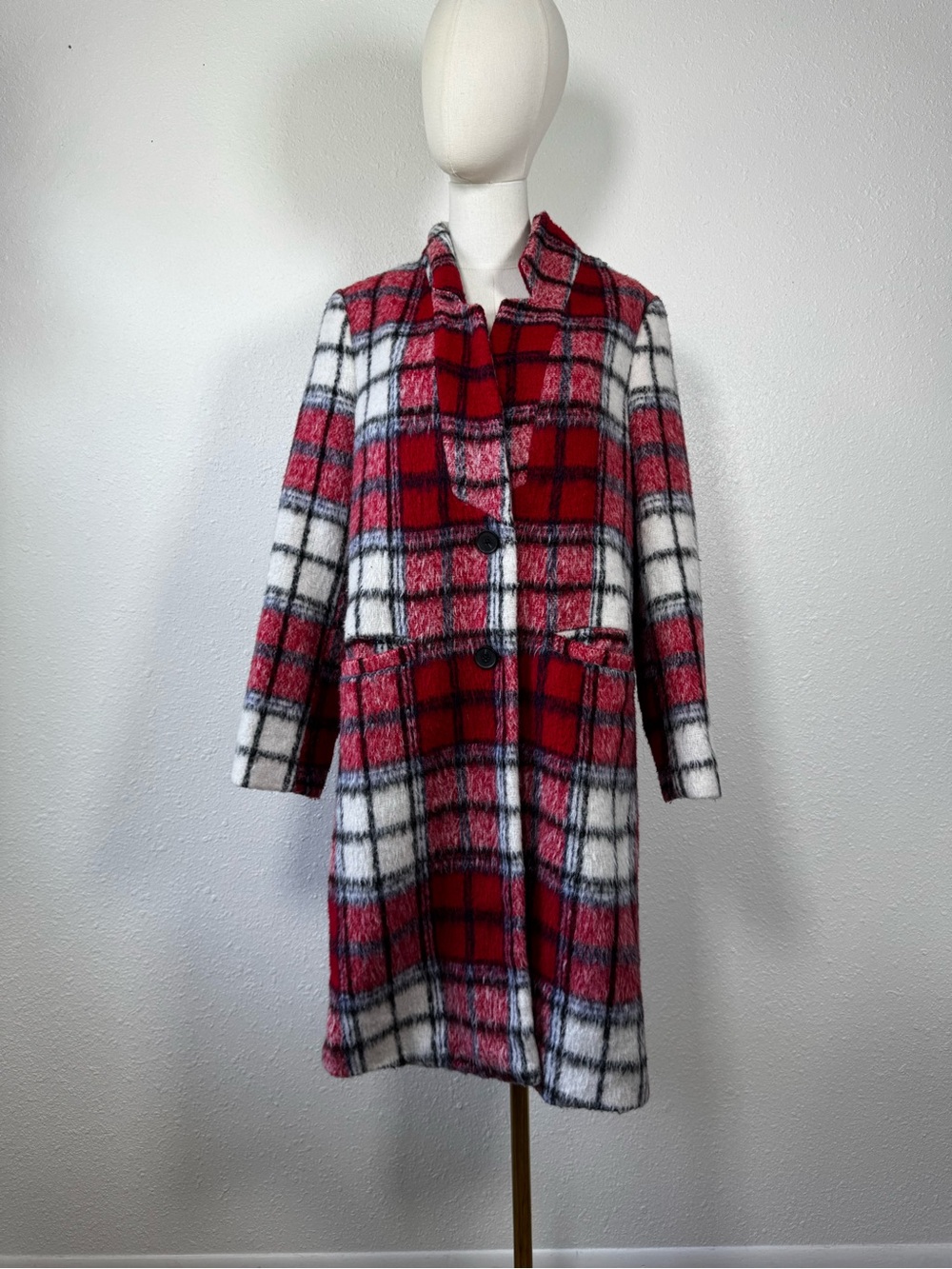Long slouchy double breasted, tartan, print coat size medium coastal grandmother